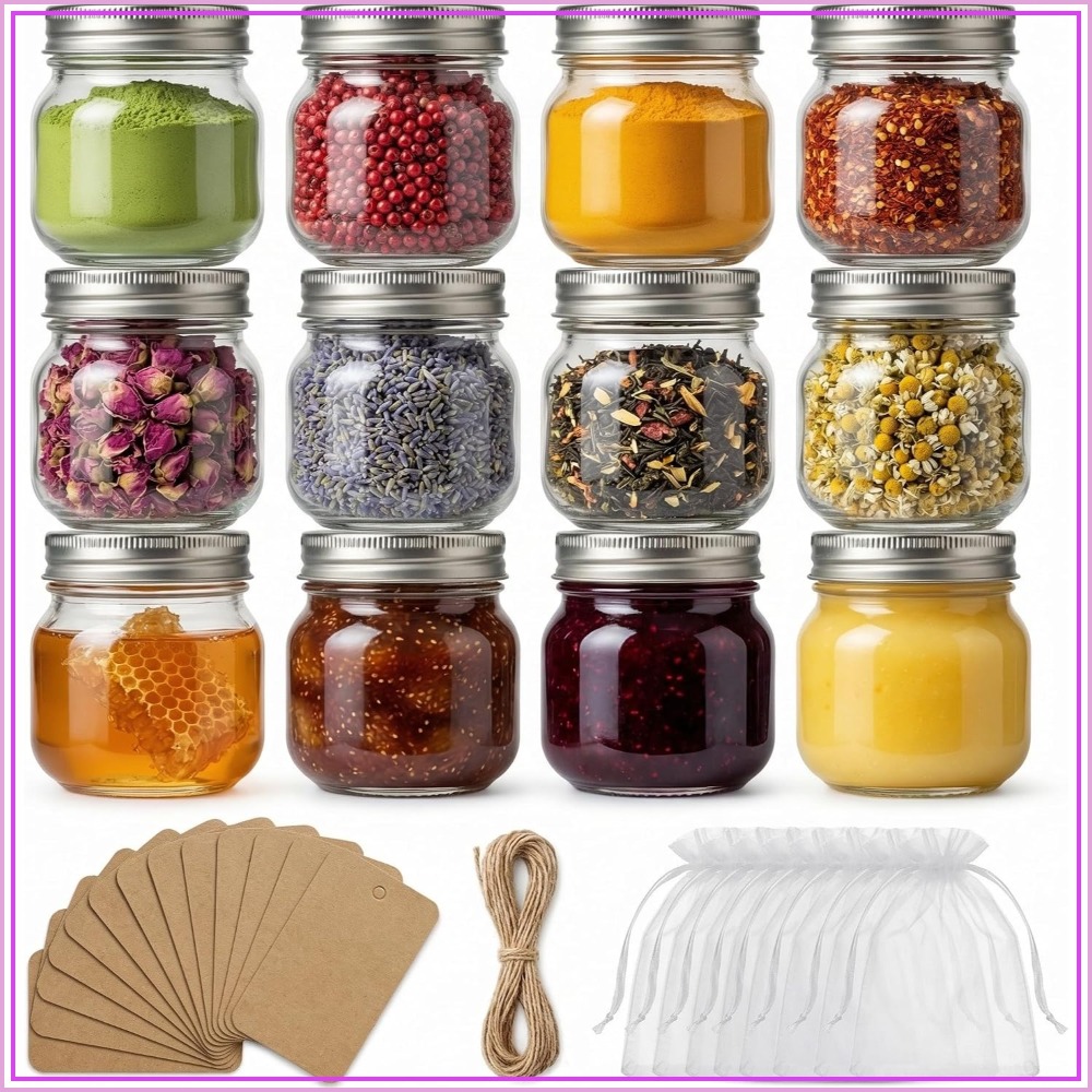 Mason Jar 8Oz - 12個入り 8オンス メイソンジャー 気密蓋、ラベル、紐付き - 広口で缶詰、ヨーグルト、スパイス、ジャム、蜂蜜に最適