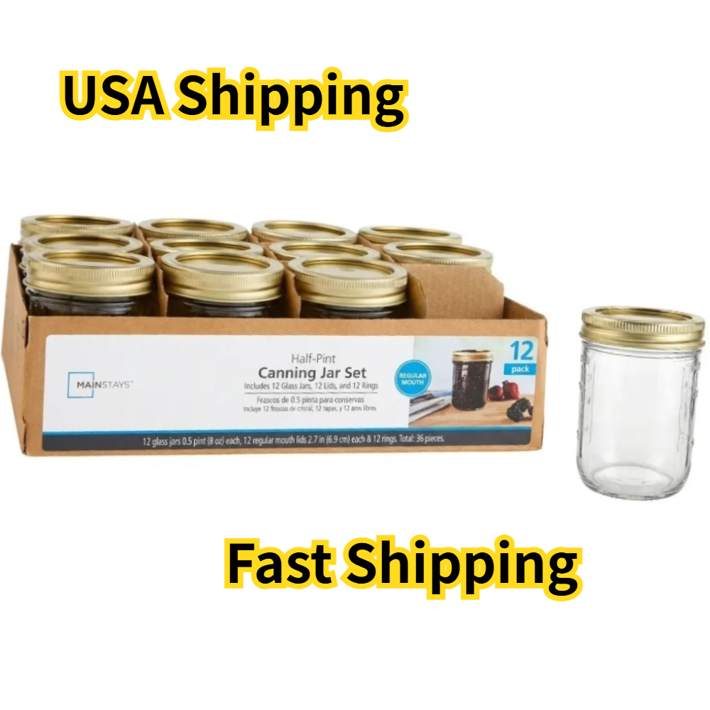 Mason Jar 8Oz - 8オンスのメイソンジャー、レギュラーマウスハーフパイントのキャニングジャー（蓋とリング付き）、家庭用キャニングや保存用の小型ガラスジャー12個セット