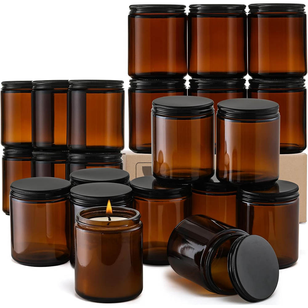 Mason Jar 8Oz - 8オンスの琥珀色ガラス瓶（黒蓋付き）- キャンドル作り、食品保存、缶詰、スパイス、液体用