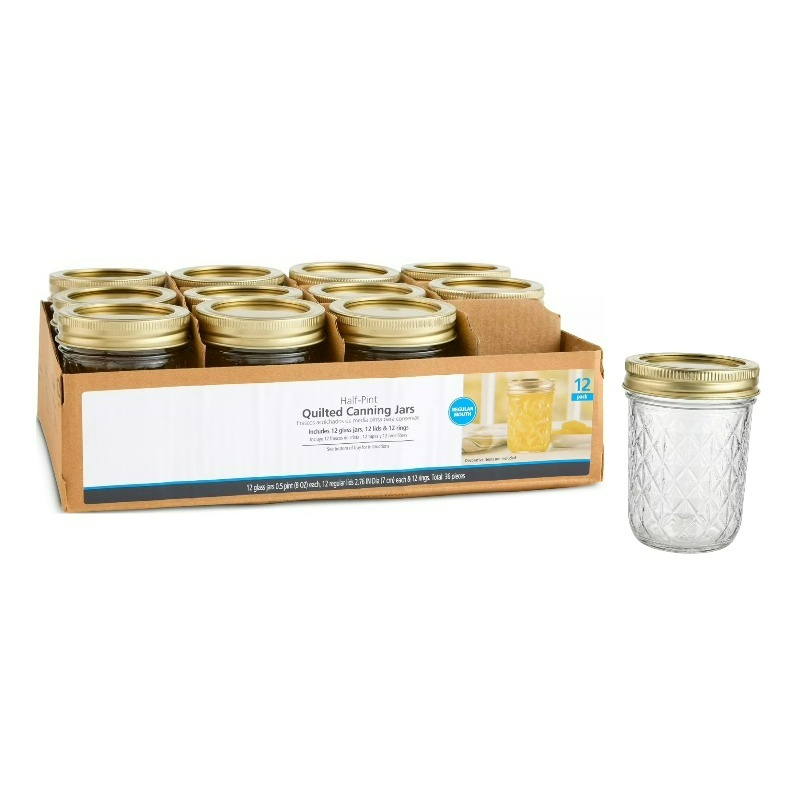 Mason Jar 8Oz - 8オンスのメイソンジャー、レギュラーマウスのキルト加工ハーフパイントキャニングジャー（蓋とリング付き）、家庭用小型ガラスジャー12個セット