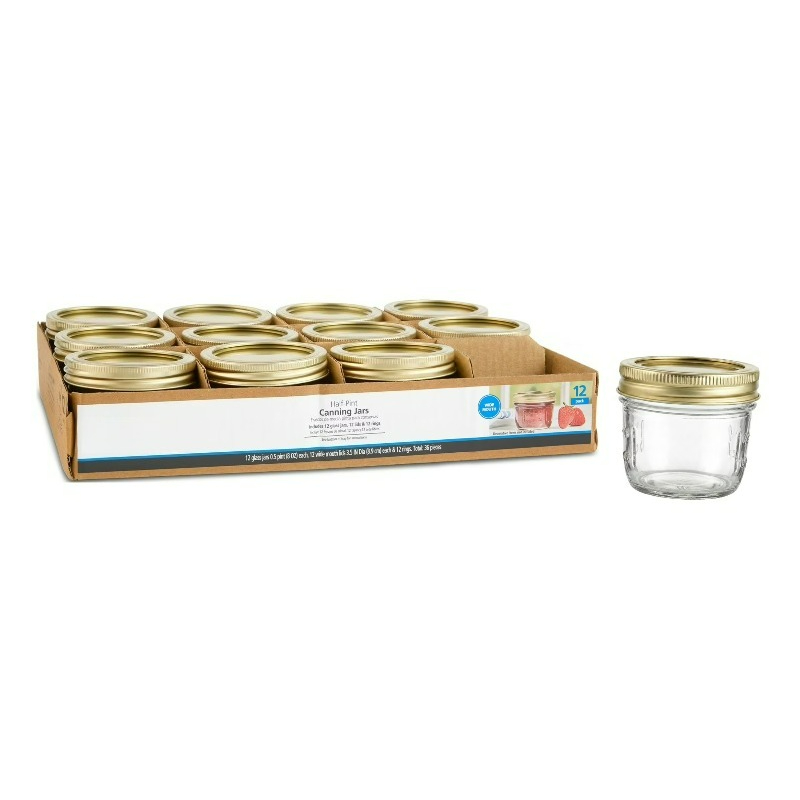 Mason Jar 8Oz - 8オンスのメイソンジャー、広口ハーフパイントのキャニングジャー（蓋とリング付き）、家庭用キャニングや食事の準備に使える小型ガラスジャー12個セット
