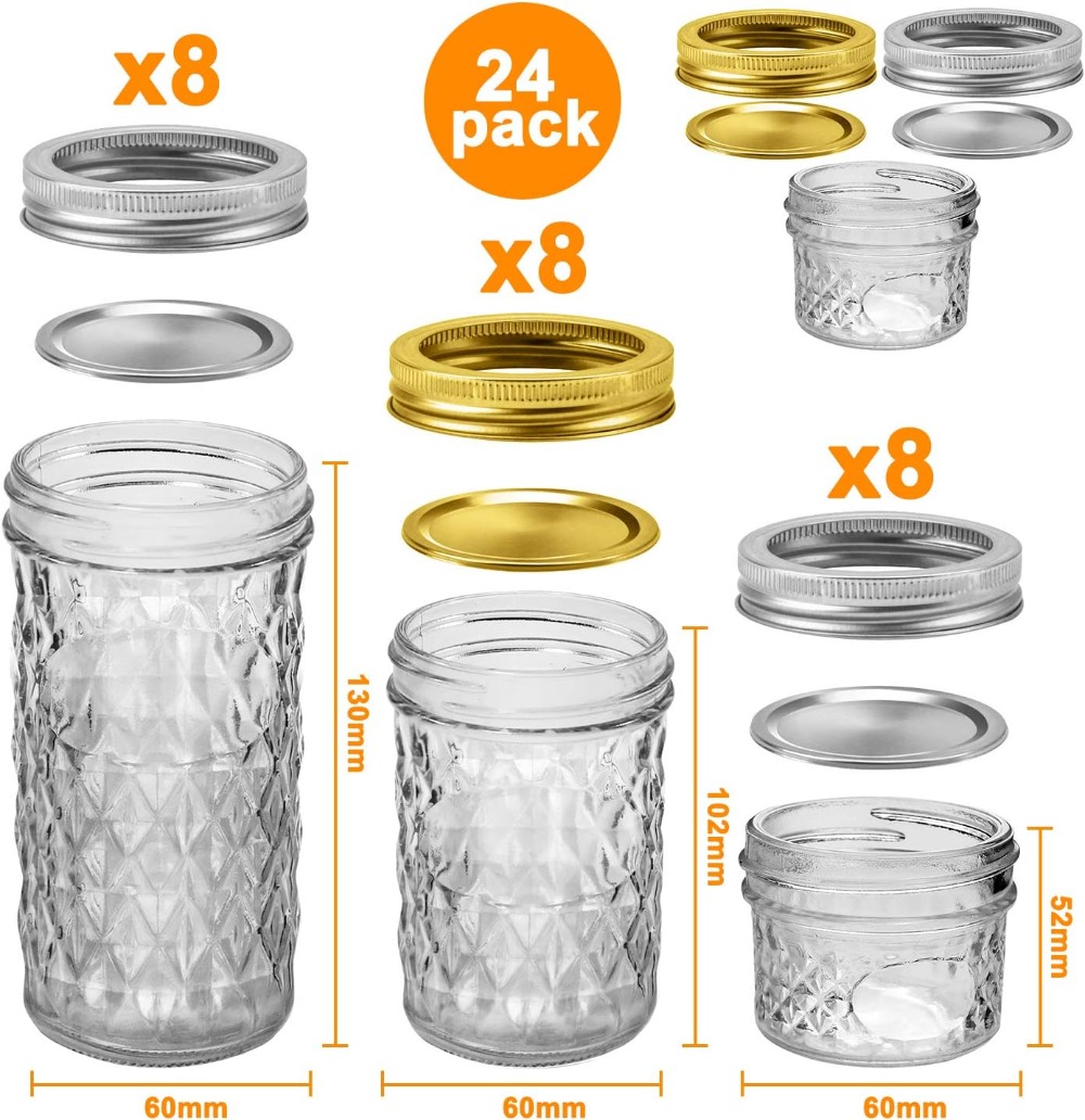 24個入りメイソンジャー蓋付き - 4オンス、8オンス、12 - Mason Jar 8Oz のレビューと価格
