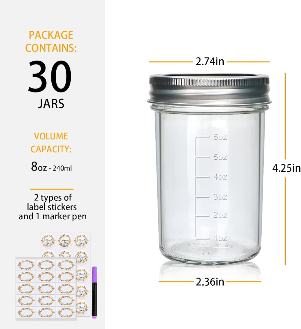 30個入り 8オンス メイソンジャー 蓋付き、ハーフパイント - Mason Jar 8Oz のレビューと価格
