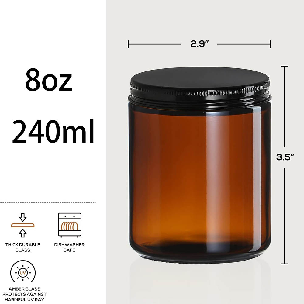 8オンスの琥珀色ガラス瓶（黒蓋付き）- キャンドル作り、食品 - Mason Jar 8Oz のレビューと価格