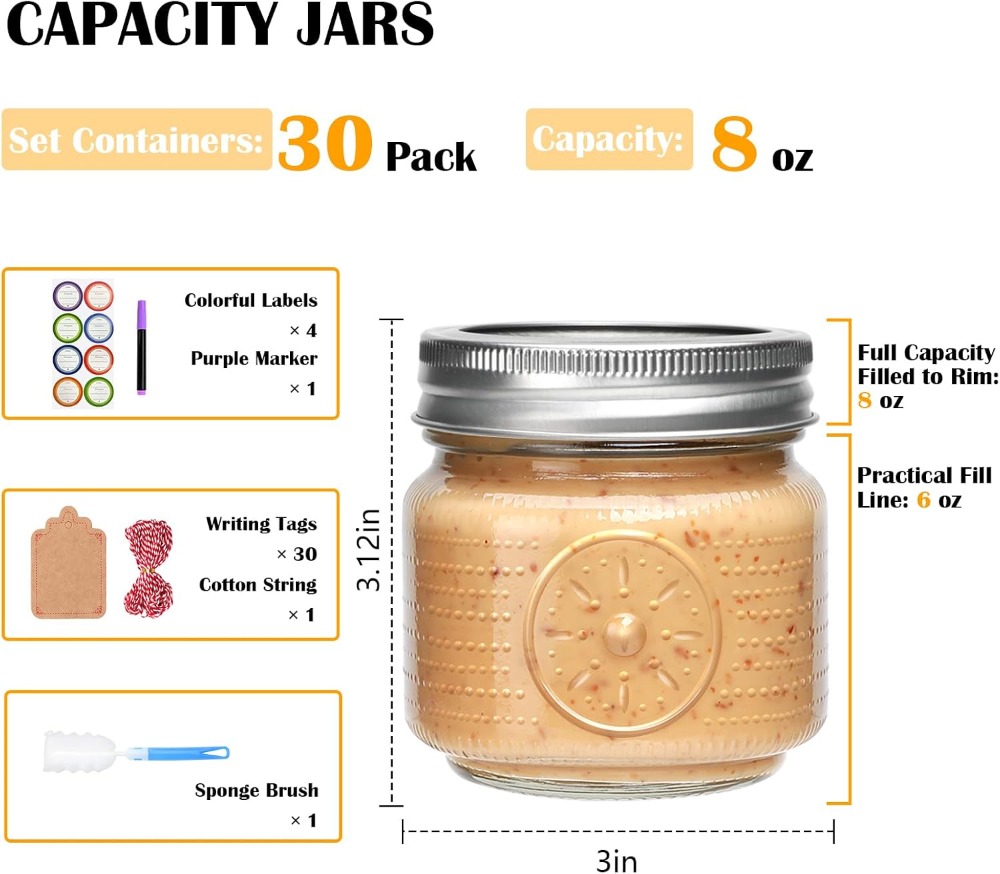 30個入り 8オンス メイソンジャー 蓋付き、ハーフパイント - Mason Jar 8Oz のレビューと価格