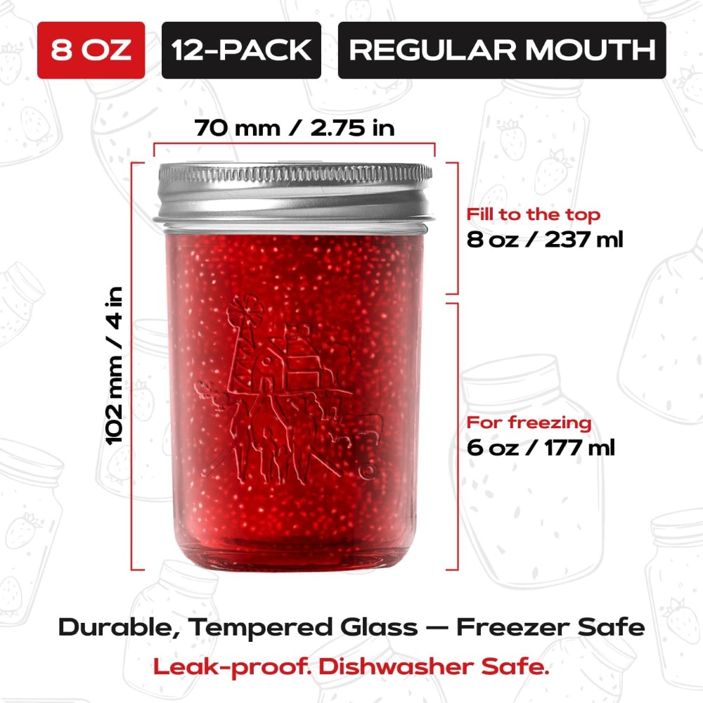 プレミアム8オンスメイソンジャー（蓋付き）12個パック、気密 - Mason Jar 8Oz のレビューと価格
