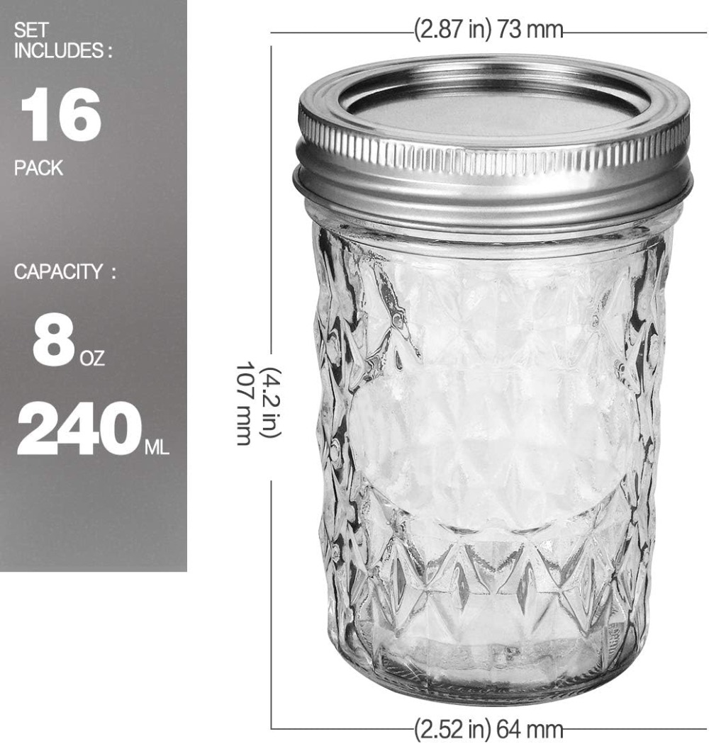 16個入り 8オンス メイソンジャー 通常蓋と追加蓋16個付 - Mason Jar 8Oz のレビューと価格