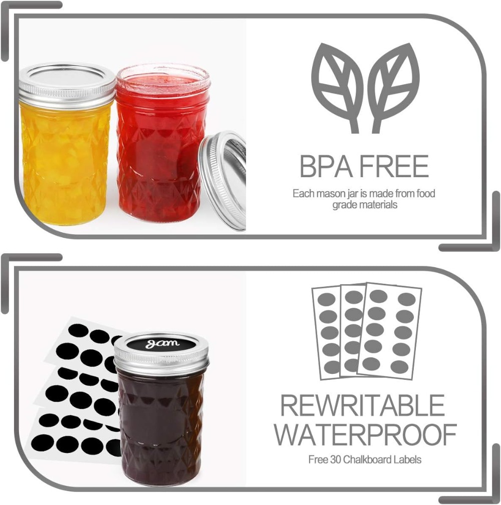 16個入り 8オンス メイソンジャー 通常蓋と追加蓋16個付 - Mason Jar 8Oz のレビューと価格